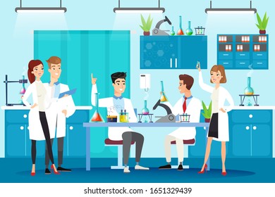 Scientific laboratory flat vector illustration. Chemical lab experiment, study, research. People in white gowns, scientists at workplace working together characters in cartoon style