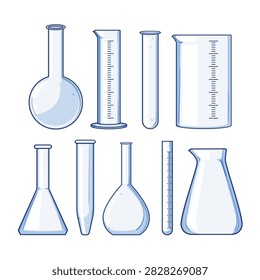 Scientific laboratory glassware set featuring various empty beakers, flasks, cylinders, and test tubes, representing research, education, and chemical analysis on a white background