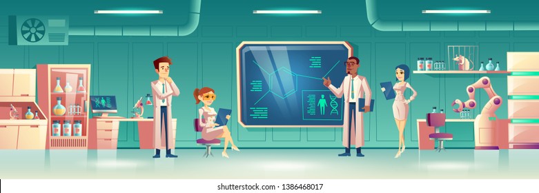 Scientific laboratory interior with group of people wearing white coats conducting experiment surrounded with science lab equipment. Male and female researchers working. Cartoon vector illustration.