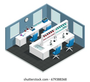 Scientific laboratory interior isometric  concept with desk to conduct the experiment and flask with chemical reagents vector illustration 