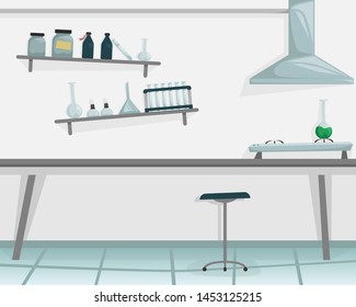 Scientific laboratory. Medical equipment. Scientist conducting an experiment. Burner, test tube, flask, chemical reagents.