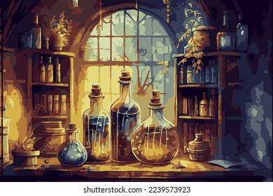 Scientific laboratory. Medieval science laboratory. Fantasy lab with different glassware and solutions, vector illustration