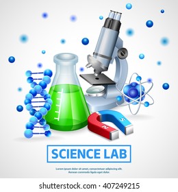 Scientific laboratory realistic design concept with microscope model of dna molecule and flask with chemical reagent vector illustration 