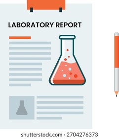 Documento de informe de laboratorio científico con matraz y datos para documentación de investigación