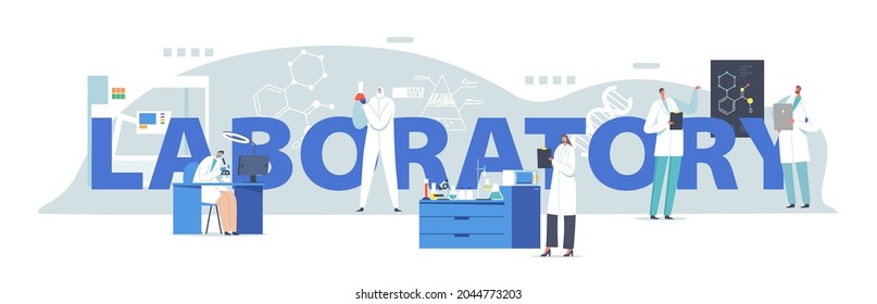 Scientific Laboratory Research Concept. Scientists Characters Working in Lab with Dna, Looking through Microscope, Medicine Technology Poster, Banner or Flyer. Cartoon People Vector Illustration