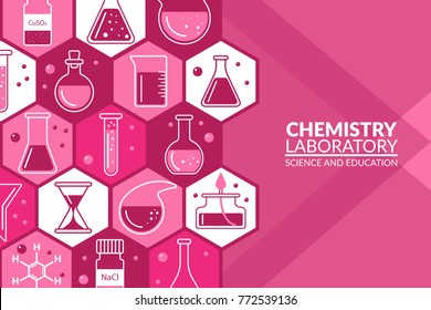 Scientific laboratory research creative banner. Vector illustration. Flat design scientific icons in hexagons