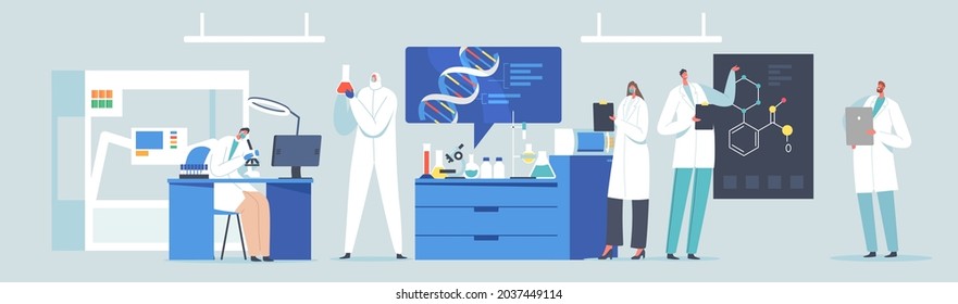 Scientific Laboratory Research or Experiment Process. Scientists Characters Working with Dna, Looking through Microscope, Making Notes. Medicine Genetic Technology. Cartoon People Vector Illustration