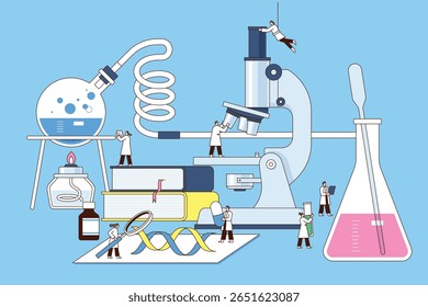 Pesquisa Laboratorial Científica ou Processo Experimental. Cientistas Personagens Trabalhando com equipamentos científicos. 