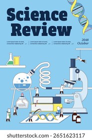 Pesquisa Laboratorial Científica ou Processo Experimental. Cientistas Personagens Trabalhando com equipamentos científicos. Capa de livro, modelo de cartaz