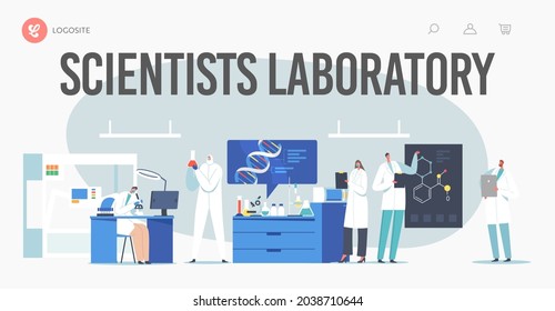 Scientific Laboratory Research Landing Page Template. Scientists Characters Working with Dna, Looking through Microscope, Making Notes. Medicine Genetic Technology. Cartoon People Vector Illustration