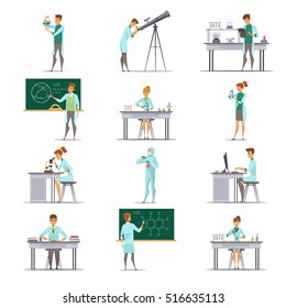 Scientific laboratory research staff members retro cartoon icons collection with astronomer biologist and  nuclear physicist isolated vector illustration 