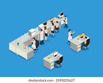 Scientific Laboratory with Researchers and Scientists at Work 3d flat vector illustrations