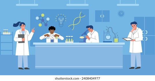 Scientific laboratory with scientists in work process. Lab interior with staff, chemical, medical experiments and study, vector illustration.eps
