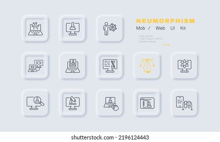 Icono de conjunto de laboratorio científico. Red neuronal, matraz, fórmula, molécula de ADN, átomo, nuclear, magnificador, microscopio, portátil, sitio web, biología, química. Concepto de ciencia. Neomorfismo. Icono de línea del vector.
