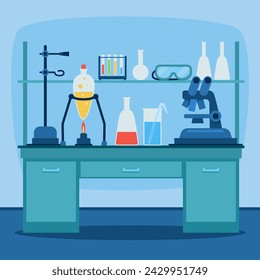 Scientific laboratory with test tubes, flasks, microscope, spiritlamp vector illustration. Chemical experiment. Science, education concept