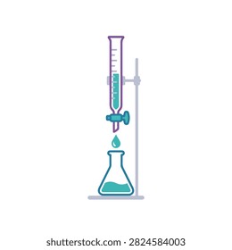 Scientific laboratory titration setup with teal liquid. Clean line art illustration of a buret dispensing a drop of teal liquid into an Erlenmeyer flask held by a stand. Ideal for medical research and pharmaceutical branding.
