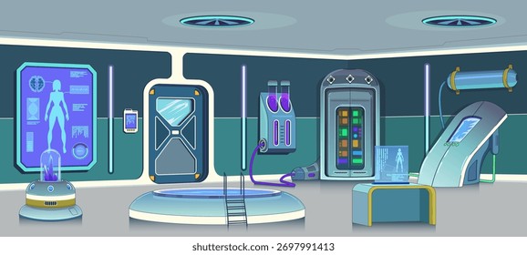 Laboratorio científico. Laboratorio subterráneo de investigación con equipos criogénicos. Recuperación y regeneración, equipamiento médico industrial, puesto de trabajo científico. Ciencia ficción, retrofuturismo, dibujos animados de Vector.