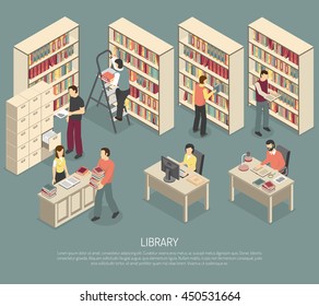 Scientific library published materials shelves with ladder and online documents and catalogs access computers isometric abstract illustration