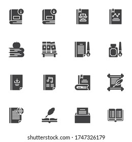 Scientific literature vector icons set, modern solid symbol collection, filled style pictogram pack. Signs logo illustration. Set includes icons as bookshelf, law book, reading, writing, download book
