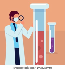 scientific with magnifier and test tubes