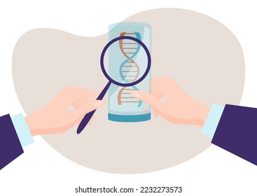 Un especialista científico masculino sostiene un matraz de vidrio de aumento y un matraz de concepto de adn, ingeniería genética, ilustración vectorial plana, aislado en blanco.