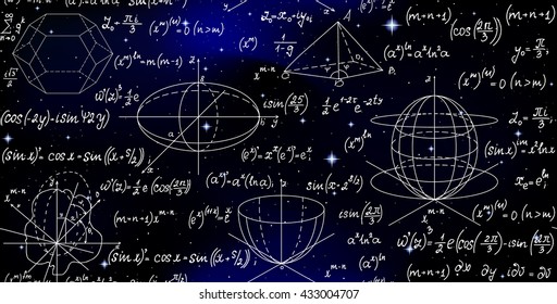 Scientific math endless texture with formulas on a starry space sky 