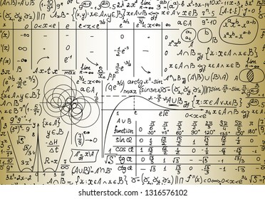 Scientific math and physics vector seamless pattern with handwritten formulas, figures and calculations