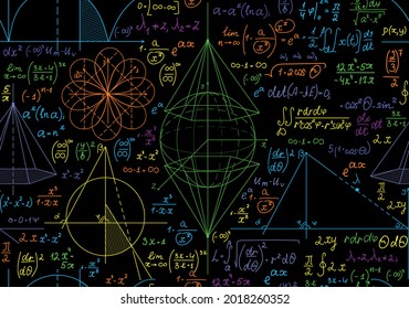 Scientific math vector seamless background with multicolored handwritten figures, formulas and calculations