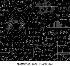Scientific math vector seamless pattern with handwritten algebra equations, formulas and calculations. Math endless texture, "handwritten with chalk on blackboard" effect