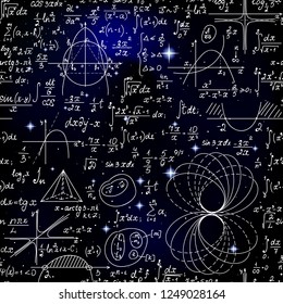 Scientific math vector seamless pattern with formulas, figures and calculations handwritten on a starry space background