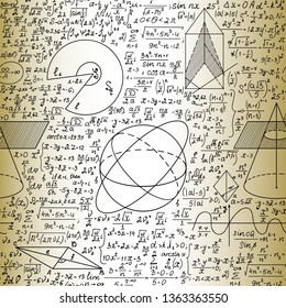 Scientific math vector seamless pattern with handwritten formulas, geometrical figures and equations, old paper effect