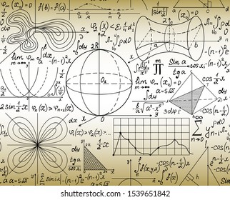 Scientific math vector seamless pattern with handwritten formulas, figures and equations, old paper effect