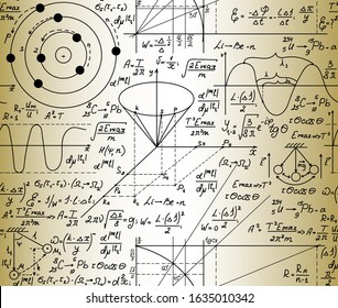 Scientific math vector seamless pattern with handwritten algebra 
 formulas, figures and equations, old paper effect