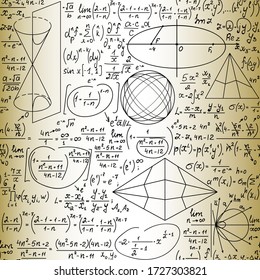 Scientific math vector seamless pattern with handwritten formulas, geometrical figures and equations, old paper effect