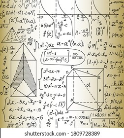 Scientific math vector seamless pattern with handwritten algebra 
 formulas, figures and equations, old paper effect