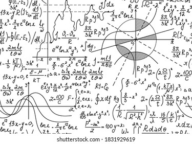 Scientific math vector seamless pattern with algebra formulas, calculations and geometrical figures handwritten on a white paper