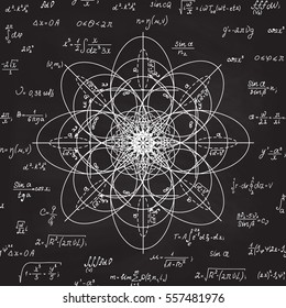 Scientific math vector seamless pattern with physical and mathematical formulas, calculations, equations. Handwritten geometry figures on grey chalkboard background