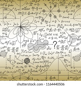 Scientific mathematical vector seamless pattern with handwritten formulas, geometrical figures and equations, shuffled together. Old paper effect