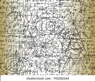 Scientific mathematical vector seamless pattern with handwritten formulas, geometrical figures and equations, shuffled together. Old paper effect