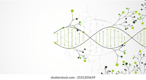 Scientific medical background with abstract image of dna molecule and tree branches. Hand drawn vector illustration.