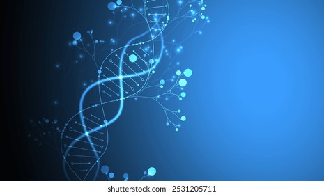 Scientific medical background with abstract image of dna molecule and tree branches. Neon glow effects and gradient. Hand drawn vector illustration.