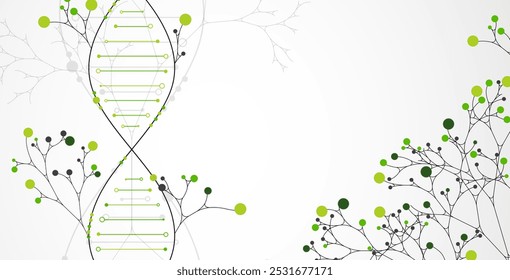 Conhecimento médico científico com imagem abstrata da molécula de dna e ramos de árvores. Ilustração de vetor desenhada à mão.