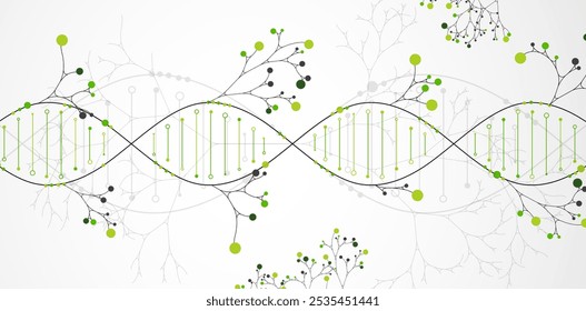 Scientific medical background with abstract image of dna molecule and tree branches. Hand drawn vector illustration.