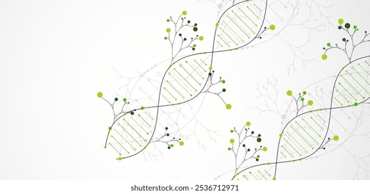 Scientific medical background with abstract image of dna molecule and tree branches. Hand drawn vector illustration.