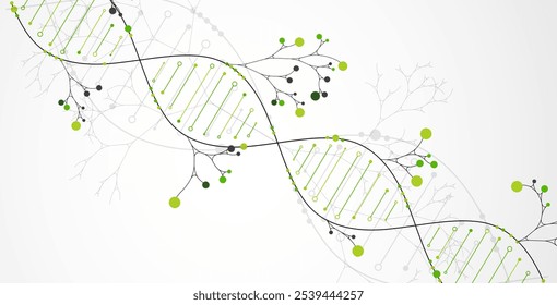 Conhecimento médico científico com imagem abstrata da molécula de dna e ramos de árvores. Ilustração de vetor desenhada à mão.