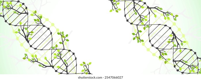 Scientific medical background with abstract image of dna molecule and tree branches. Hand drawn vector illustration.