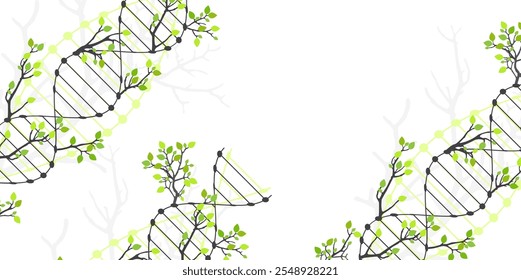 Scientific medical background with abstract image of dna molecule and tree branches. Hand drawn vector illustration.