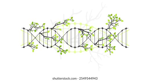 Scientific medical background with abstract image of dna molecule and tree branches. Hand drawn vector illustration.