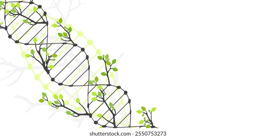 Scientific medical background with abstract image of dna molecule and tree branches. Hand drawn vector illustration.
