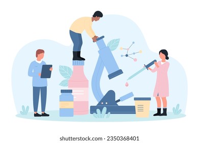 Scientific medical clinical research, analysis in laboratory for pharmacology vector illustration. Cartoon tiny people looking at lab microscope to study sample from pipette, scientists analyze tests